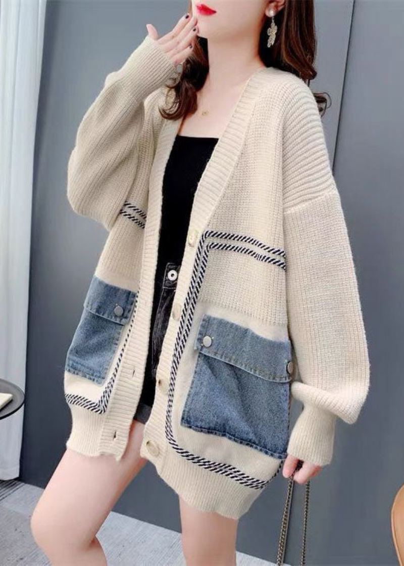 Bohème Beige Surdimensionné Denim Patchwork Tricot Cardigan Hiver - Cardigans femmes