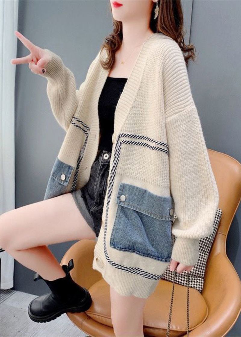 Bohème Beige Surdimensionné Denim Patchwork Tricot Cardigan Hiver - Cardigans femmes