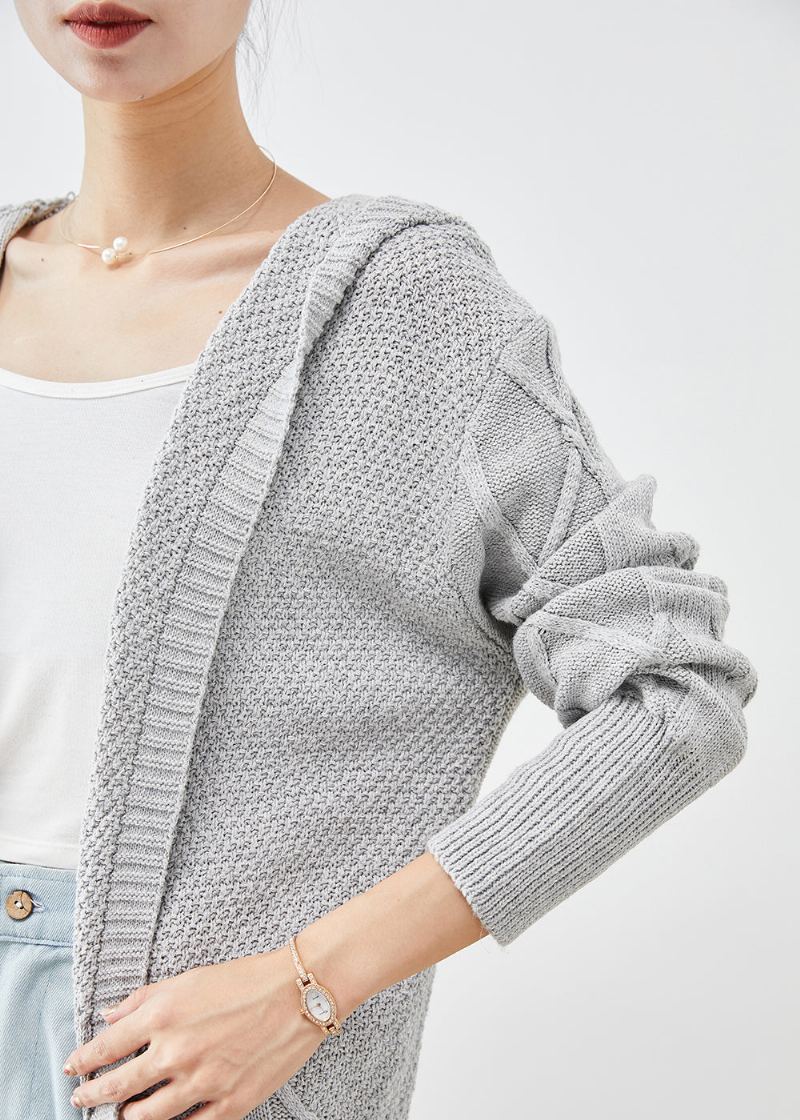 Bohème Gris À Capuche Surdimensionné Tricot Longs Cardigans Automne - Cardigans femmes