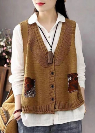 Bohème Kaki Bouton Poches Patchwork Coton Tricot Gilet Sans Manches