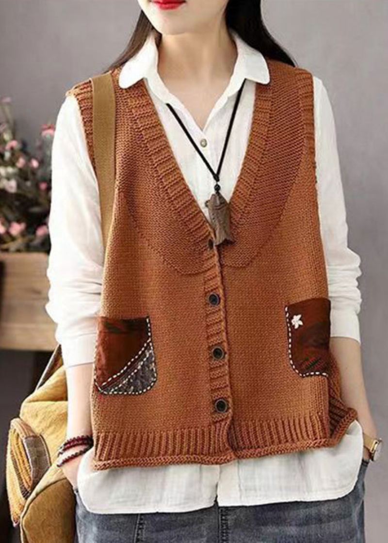 Bohème Kaki Bouton Poches Patchwork Coton Tricot Gilet Sans Manches - Cardigans femmes