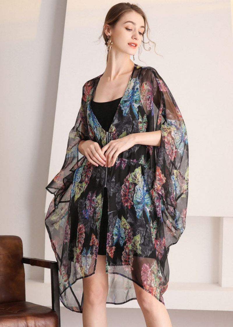 Bohème Noir Surdimensionné Imprimé Évider Tulle Cardigan Été