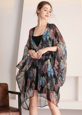 Bohème Noir Surdimensionné Imprimé Évider Tulle Cardigan Été