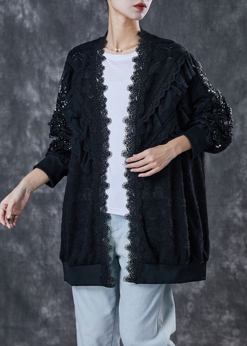 Bohème Noir Surdimensionné Patchwork Dentelle Cardigan Printemps