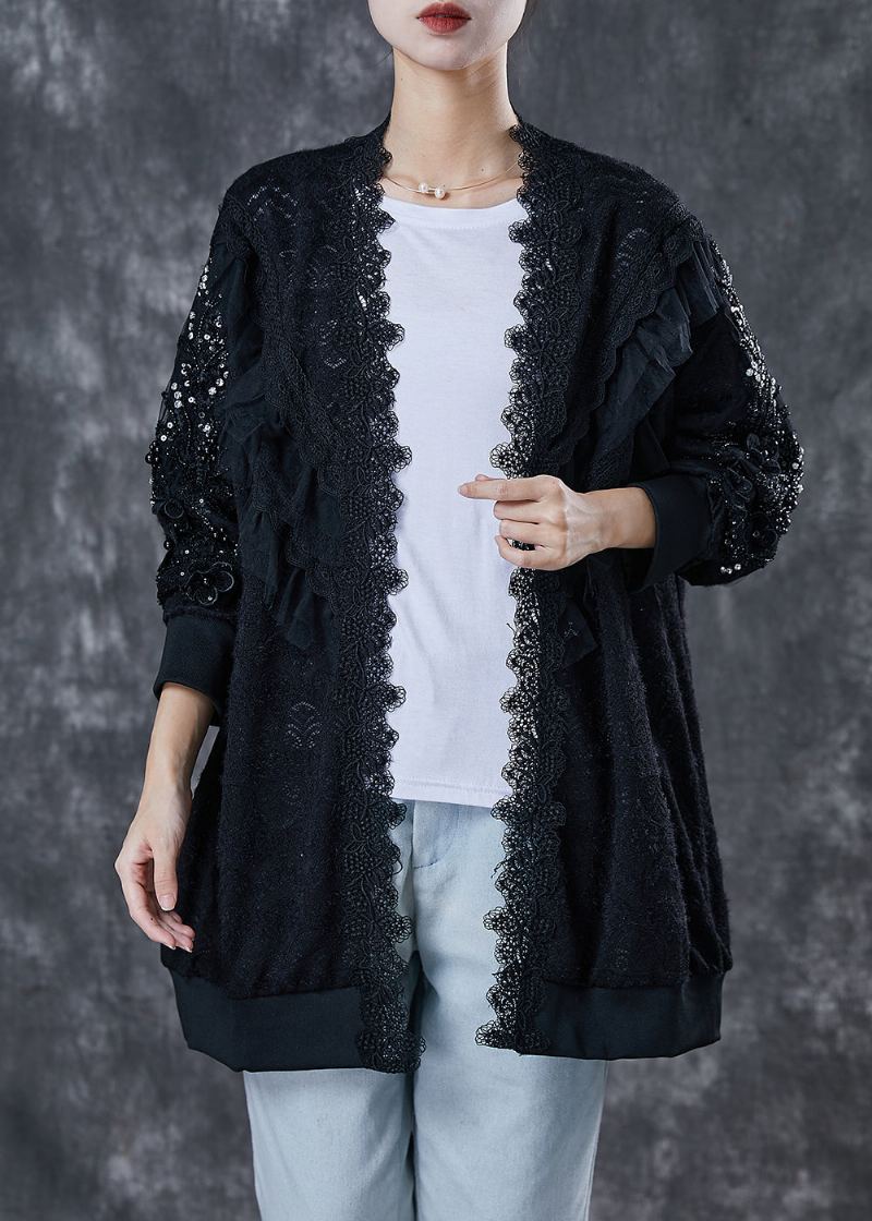 Bohème Noir Surdimensionné Patchwork Dentelle Cardigan Printemps - Cardigans femmes