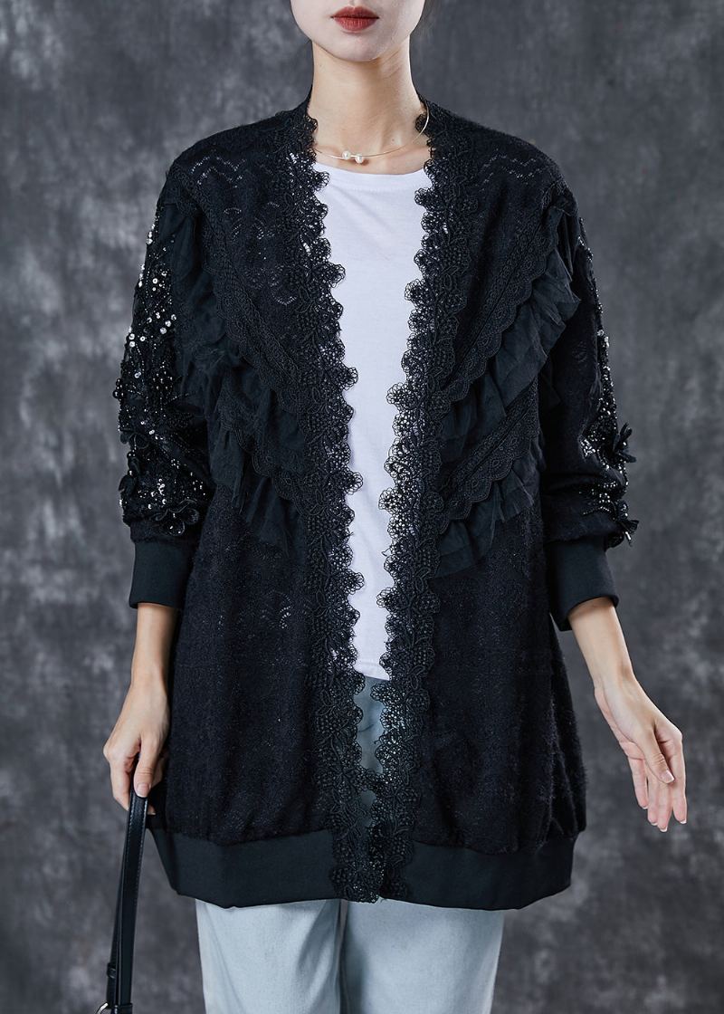 Bohème Noir Surdimensionné Patchwork Dentelle Cardigan Printemps - Cardigans femmes