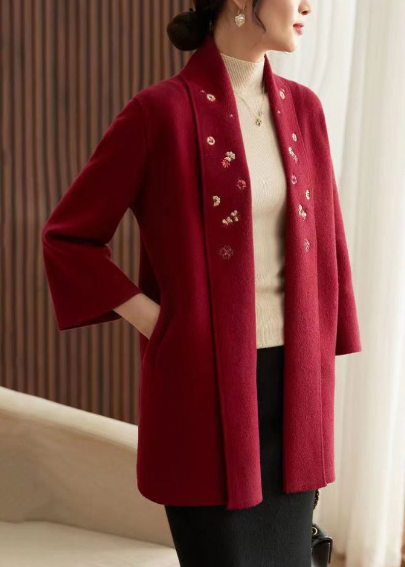 Bohème Rouge Poches Brodées Patchwork Tricot Cardigans Automne - Cardigans femmes