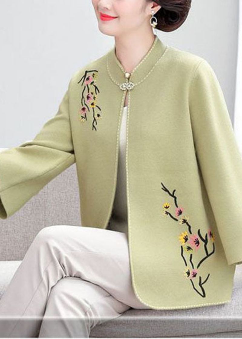 Bohème Vert Clair Col Montant Brodé Laine Lâche Cardigan Automne - Vert Clair