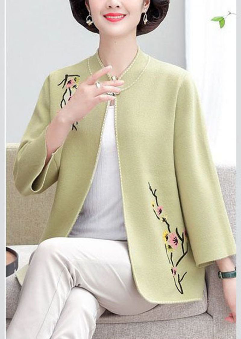 Bohème Vert Clair Col Montant Brodé Laine Lâche Cardigan Automne - Vert Clair