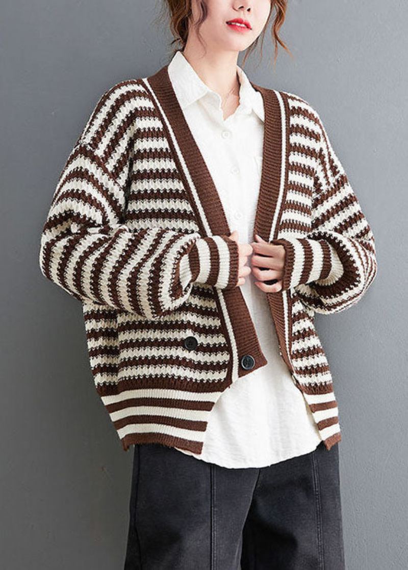 Boho Chocolat Col En V Rayé Manteau En Tricot Confortable Outwear Printemps - Cardigans femmes