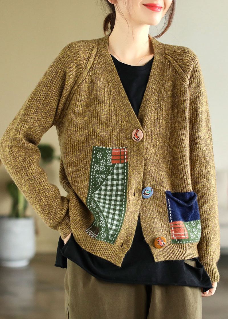 Boho Jaune Col En V Patchwork Appliques Tricot Cardigans Hiver