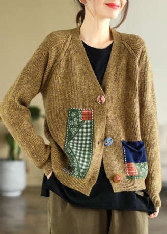 Boho Jaune Col En V Patchwork Appliques Tricot Cardigans Hiver