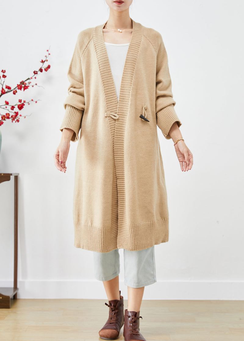 Boho Light Camel Manteau Ample En Tricot Avec Boutons En Corne Surdimensionnés Automne