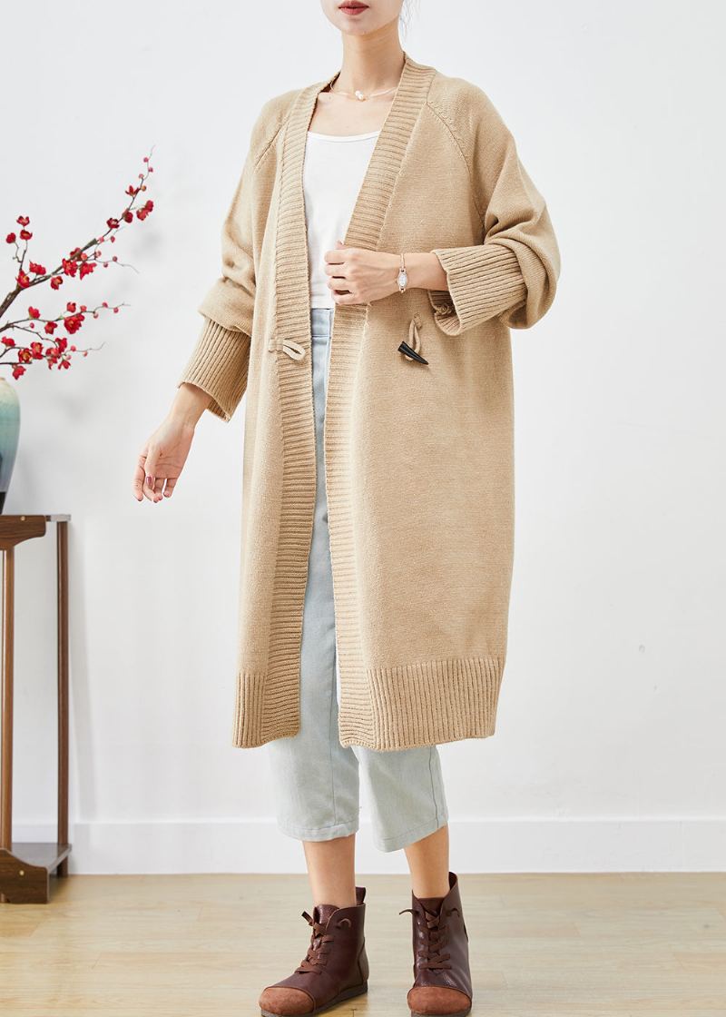 Boho Light Camel Manteau Ample En Tricot Avec Boutons En Corne Surdimensionnés Automne - Cardigans femmes