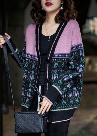 Boho Noir Rose Surdimensionné Patchwork Paresseux Tricot Cardigan Hiver