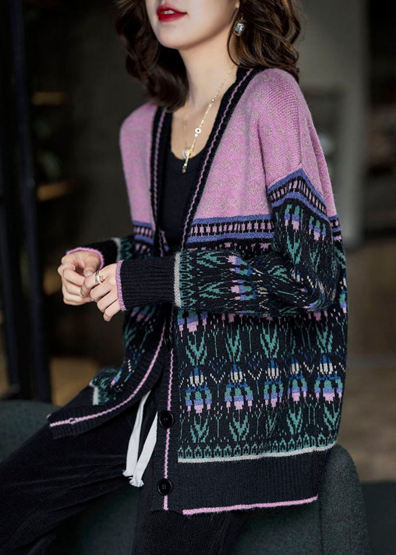 Boho Noir Rose Surdimensionné Patchwork Paresseux Tricot Cardigan Hiver - Cardigans femmes