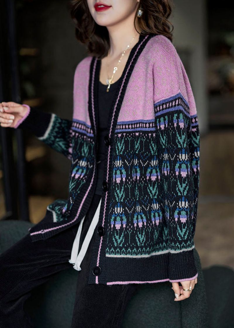 Boho Noir Rose Surdimensionné Patchwork Paresseux Tricot Cardigan Hiver - Cardigans femmes