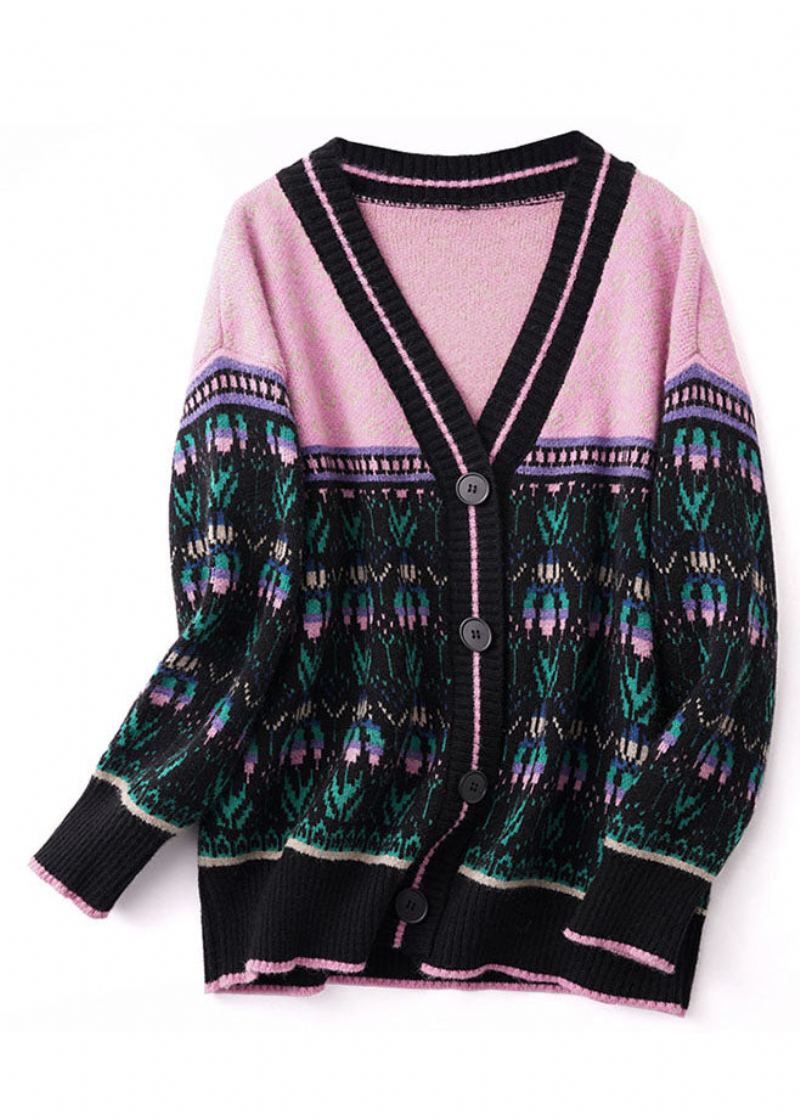 Boho Noir Rose Surdimensionné Patchwork Paresseux Tricot Cardigan Hiver - Cardigans femmes