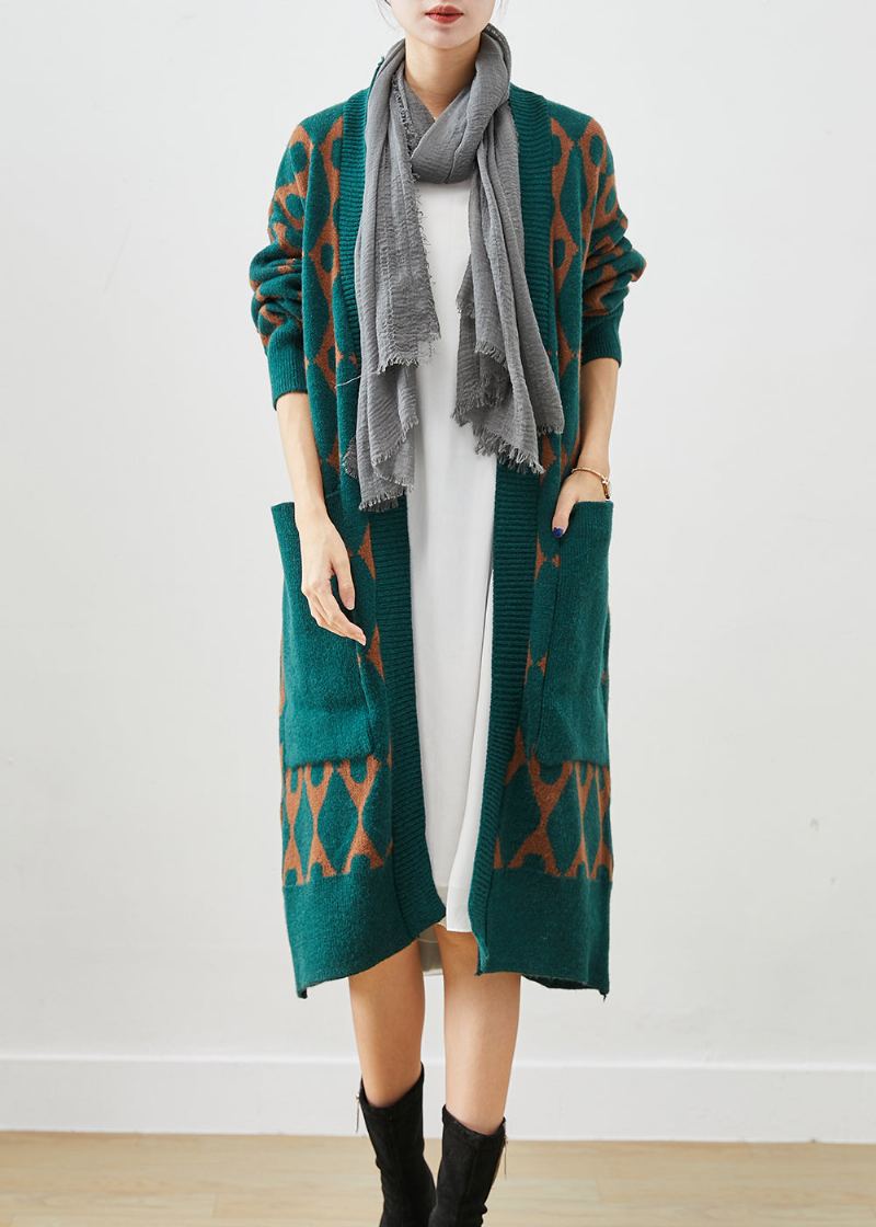 Boho Vert Surdimensionné Patchwork Poches Tricot Cardigan Automne