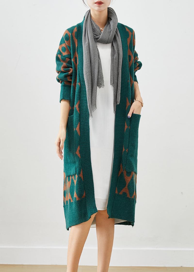 Boho Vert Surdimensionné Patchwork Poches Tricot Cardigan Automne - Cardigans femmes