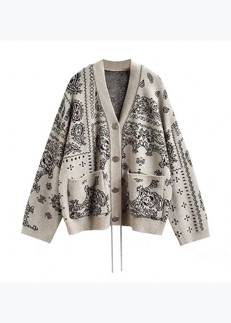 Boutique Abricot Col V Poches Imprimé Cardigans En Tricot Printemps - Cardigans femmes