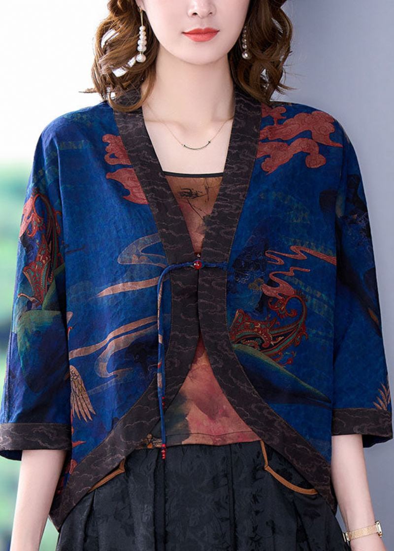 Boutique Bleu Col En V Imprimé Bouton Oriental Soie Lâche Cardigan Manches Chauve-souris