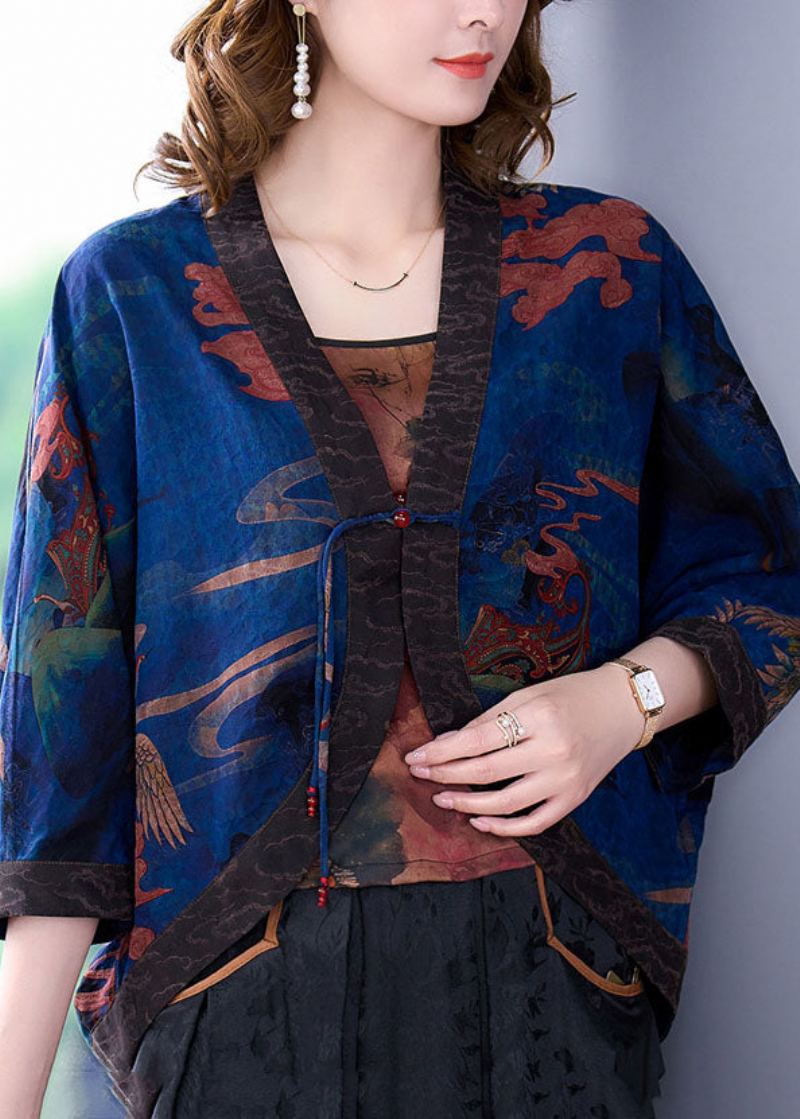 Boutique Bleu Col En V Imprimé Bouton Oriental Soie Lâche Cardigan Manches Chauve-souris - Cardigans femmes