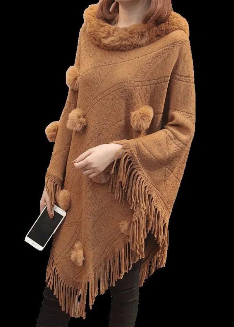 Boutique Chocolat Col De Fourrure Gland Long Tricot Pull Manteaux Manches Chauve-souris - Café