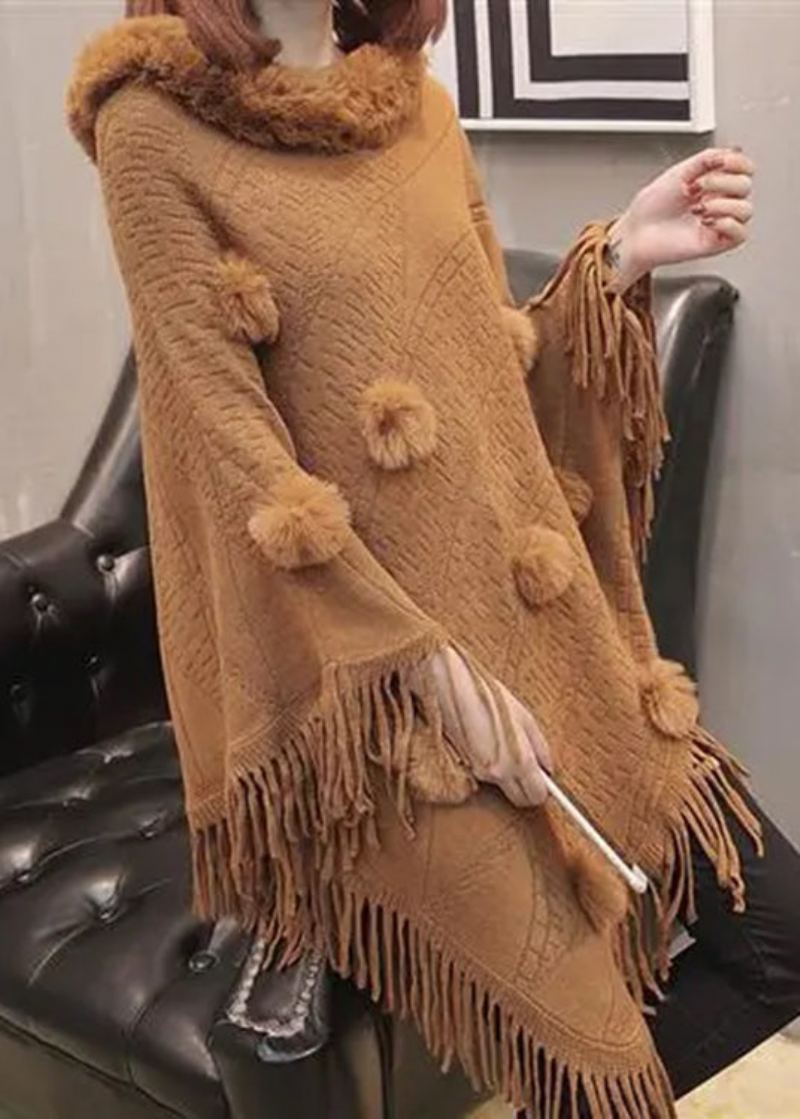 Boutique Chocolat Col De Fourrure Gland Long Tricot Pull Manteaux Manches Chauve-souris - Café