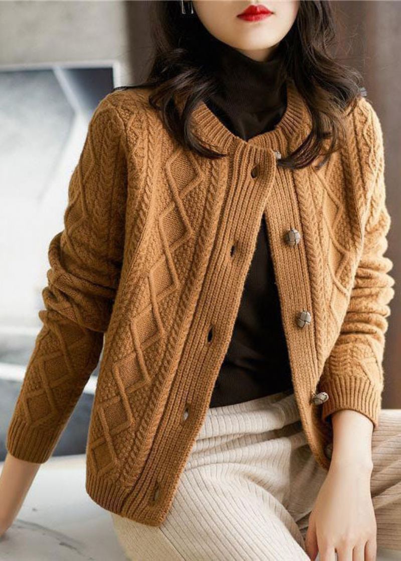 Boutique Chocolat Col Rond Bouton Épais Câble Tricot Cardigans Hiver