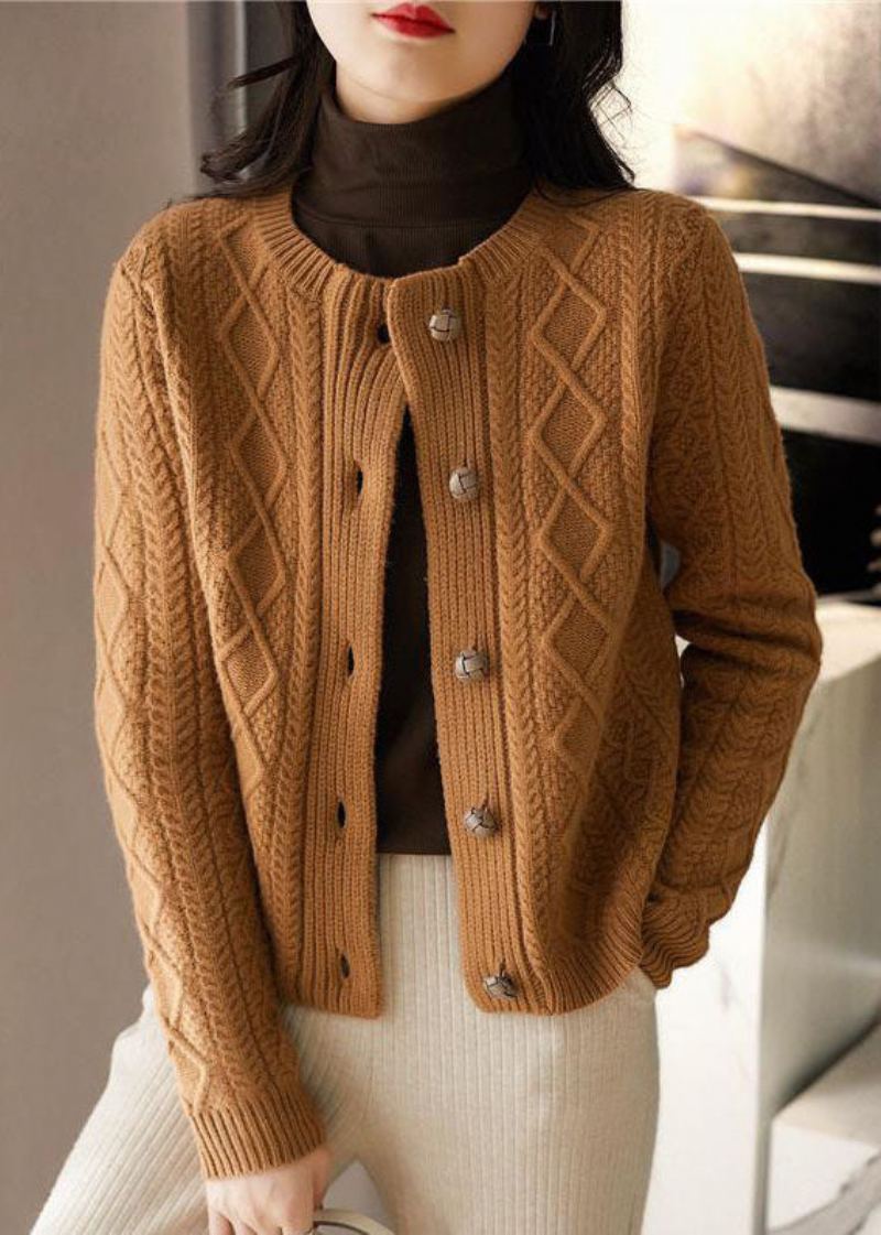 Boutique Chocolat Col Rond Bouton Épais Câble Tricot Cardigans Hiver - Cardigans femmes