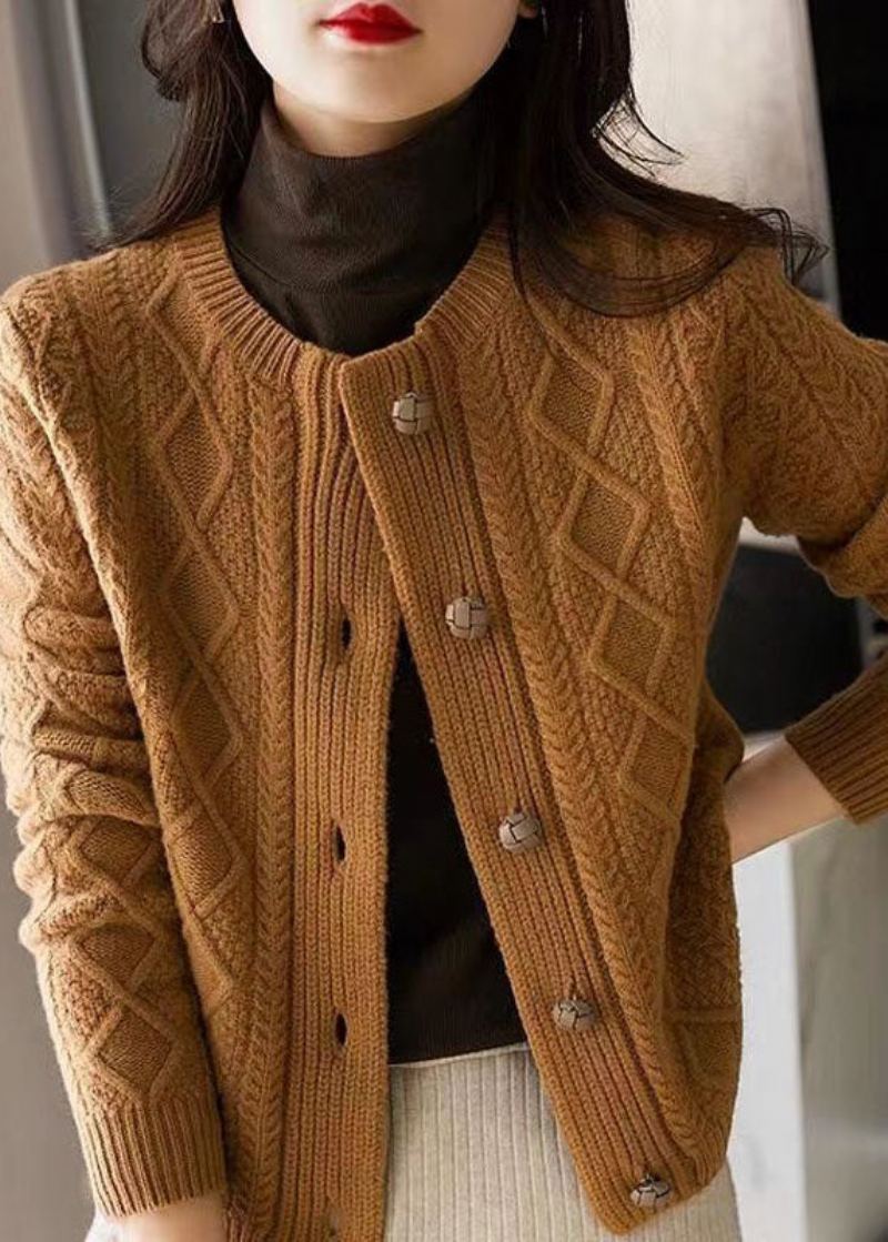 Boutique Chocolat Col Rond Bouton Épais Câble Tricot Cardigans Hiver - Cardigans femmes