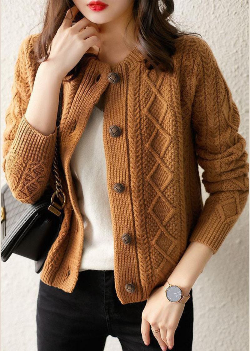 Boutique Chocolat Col Rond Bouton Épais Câble Tricot Cardigans Hiver - Cardigans femmes