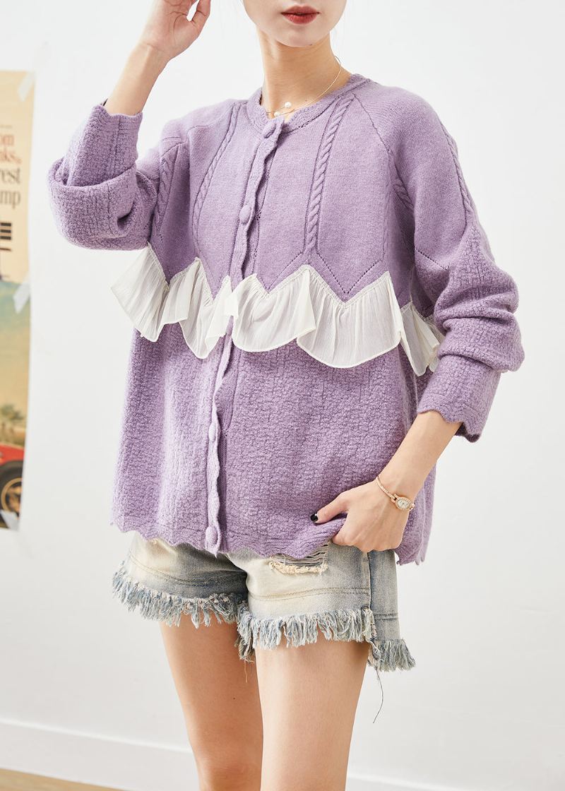 Boutique Manteaux En Tricot Patchwork Violet À Volants Automne - Cardigans femmes