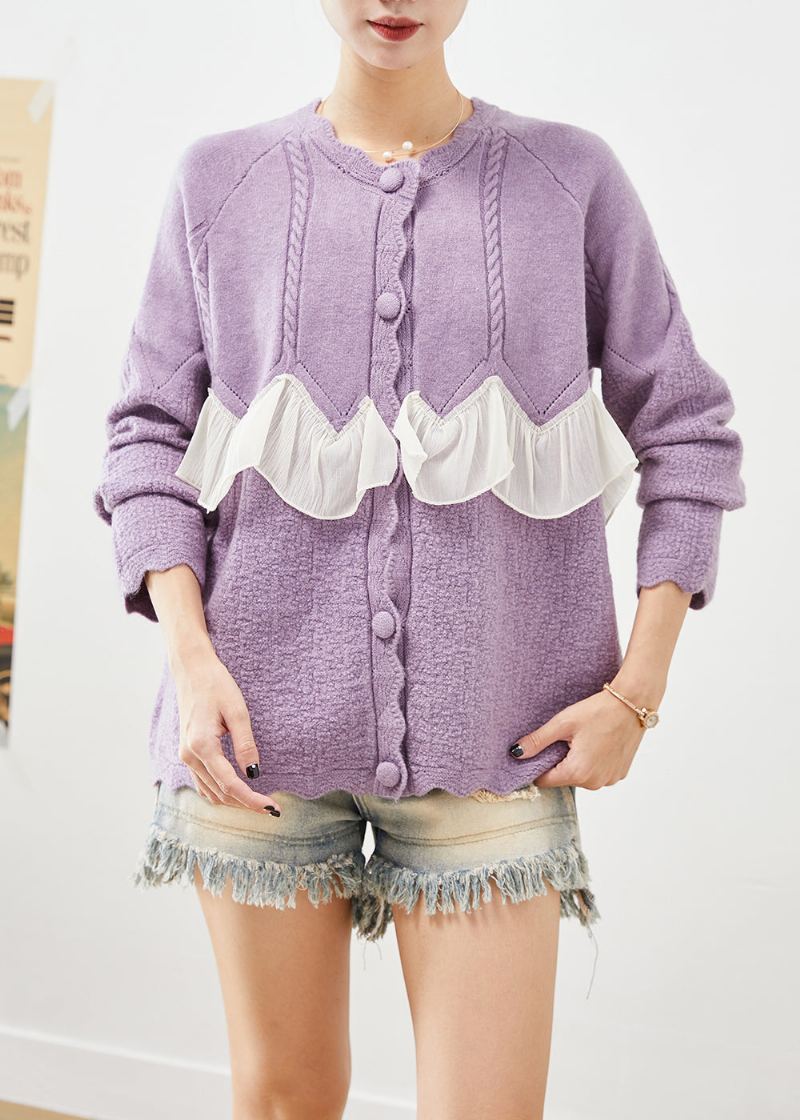 Boutique Manteaux En Tricot Patchwork Violet À Volants Automne - Cardigans femmes