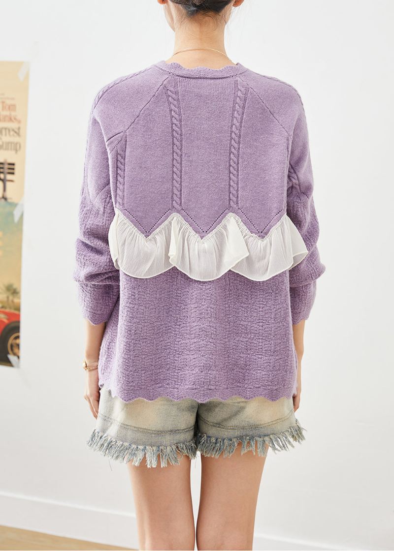 Boutique Manteaux En Tricot Patchwork Violet À Volants Automne - Cardigans femmes