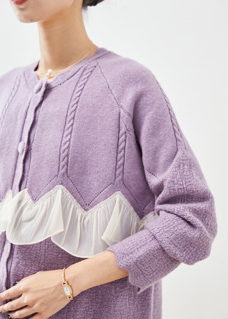 Boutique Manteaux En Tricot Patchwork Violet À Volants Automne - Cardigans femmes