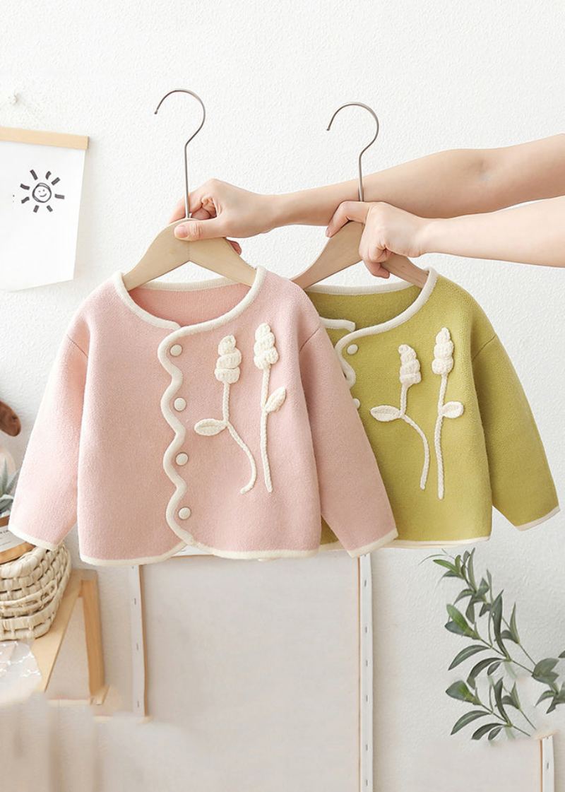 Boutique Rose Col Rond Bouton Patchwork Tricot Bébé Manteau À Manches Longues - Cardigans femmes