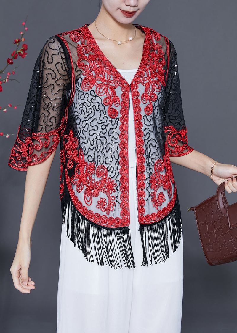 Boutique Rouge Paillettes Gland Tulle Cardigan Été