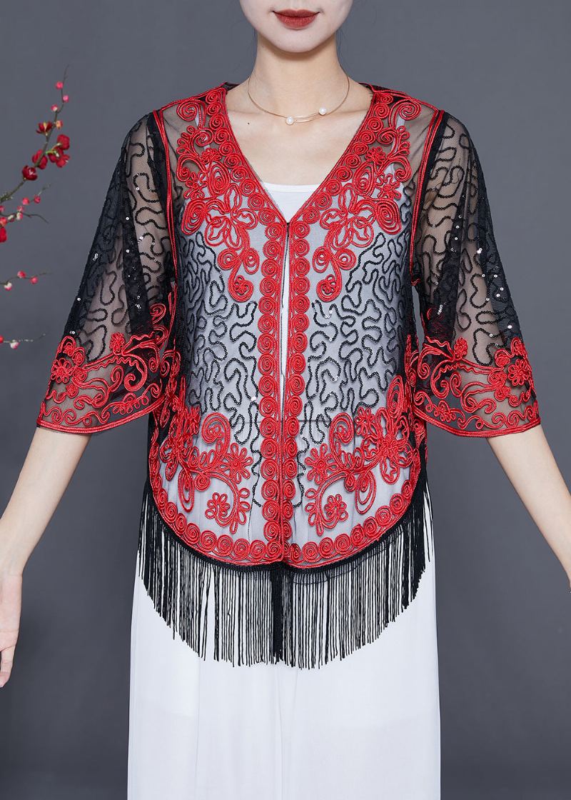 Boutique Rouge Paillettes Gland Tulle Cardigan Été - Cardigans femmes