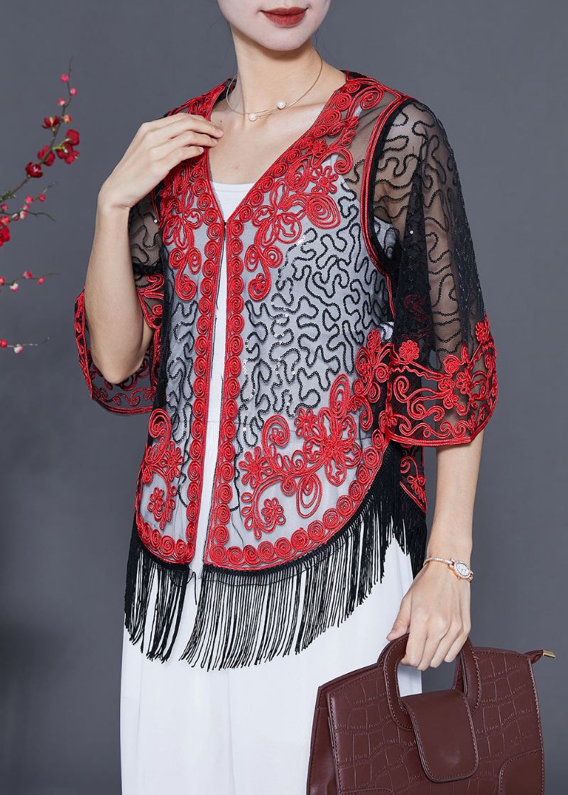 Boutique Rouge Paillettes Gland Tulle Cardigan Été - Cardigans femmes