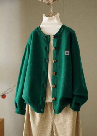 Boutique Vert Col Rond Brodé Bouton Tricoté Coton Fil Cardigans Automne