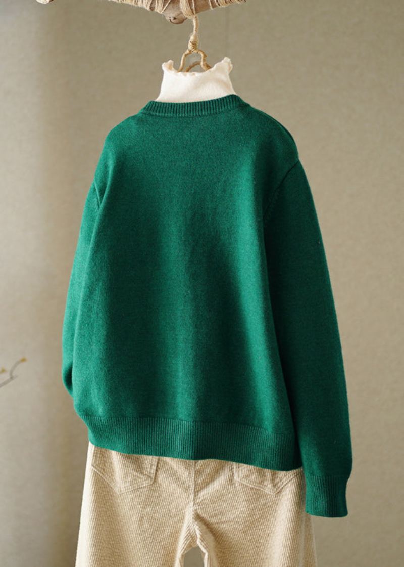 Boutique Vert Col Rond Brodé Bouton Tricoté Coton Fil Cardigans Automne - Vert