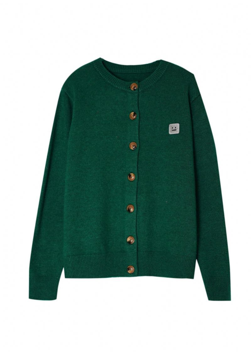 Boutique Vert Col Rond Brodé Bouton Tricoté Coton Fil Cardigans Automne - Vert