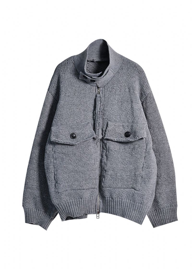 Bref Gris Col Montant Fermeture Éclair Bouton Coton Tricot Pulls Manteaux Automne - Gris