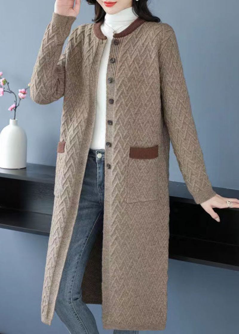 Camel Poches Patchwork Longue Laine Vêtements D'extérieur Col Rond Bouton Automne - Cardigans femmes