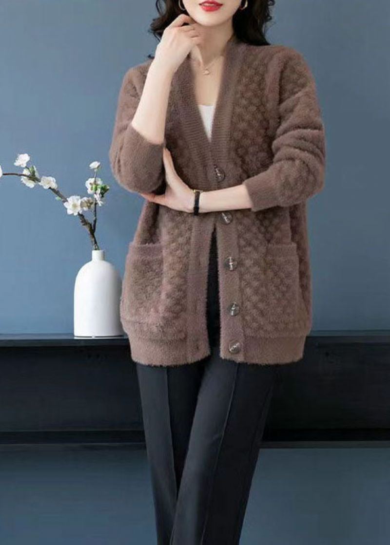 Camel Poches Patchwork Vison Cheveux Tricotés Manteaux Col En V Bouton Automne - Cardigans femmes