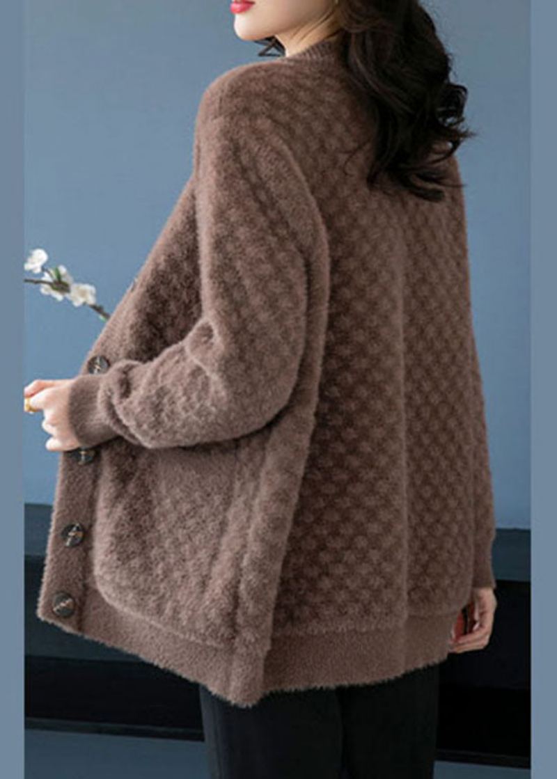 Camel Poches Patchwork Vison Cheveux Tricotés Manteaux Col En V Bouton Automne - Cardigans femmes