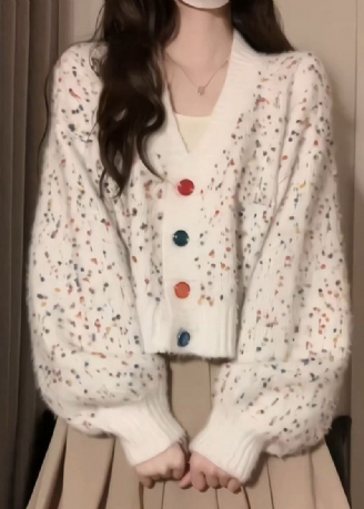 Cardigan Ample En Tricot Blanc Français Col En V Boutons Patchwork Automne