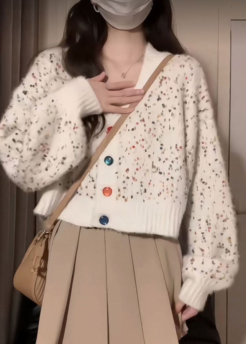 Cardigan Ample En Tricot Blanc Français Col En V Boutons Patchwork Automne - Cardigans femmes